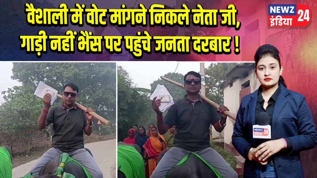 वैशाली में वोट मांगने निकले नेता जी, गाड़ी नहीं भैंस पर पहुंचे जनता दरबार!