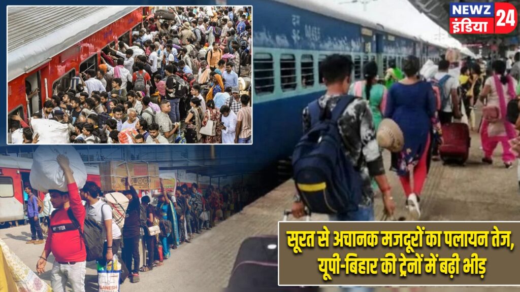 सूरत से अचानक मजदूरों का पलायन तेज, यूपी-बिहार की ट्रेनों में बढ़ी भीड़ |